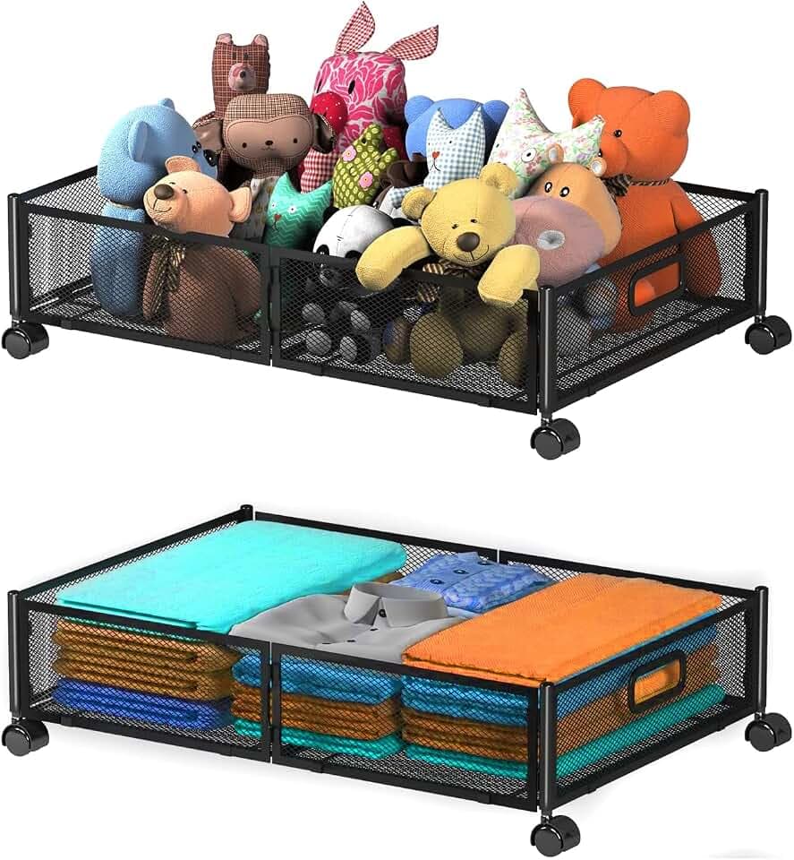 SKERELL Unterbettkommode mit Rollen, faltbar unter dem Bett, Kleideraufbewahrung mit Griff, robuster Metall-Unterbett-Schuh-Organizer, Unterbett-Schublade für Decke, Kleidung, Spielzeug
