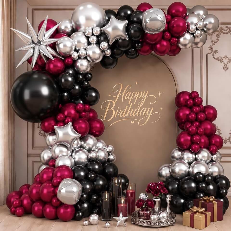 Burgundy and Black Silver Balloon Arch Garland Kit, Explosion Star Balloon