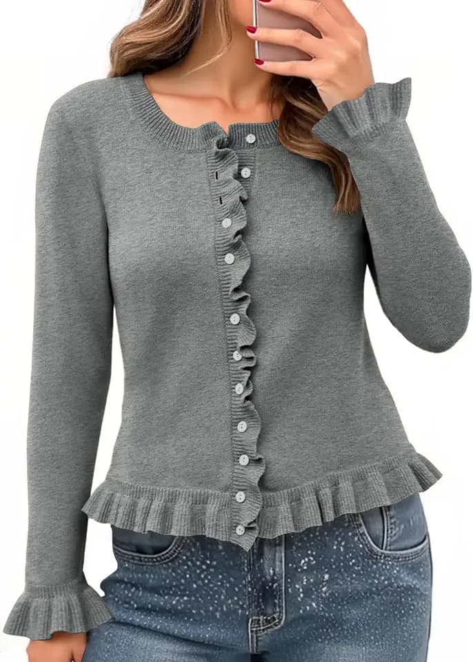 Saodimallsu Womens Ruffle Cardigan Long Sleeve Cropped Sweater