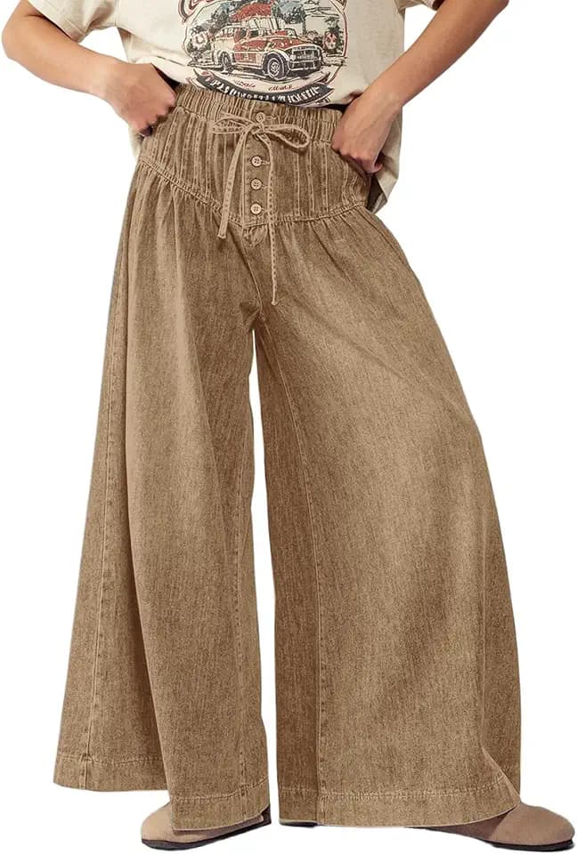 CHARTOU Women's Baggy Wide Leg Denim Pants Drawstring Midi Waisted Flare Jeans Ruffle Pleated Button Jeans