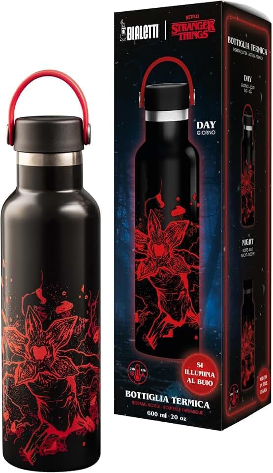 Bialetti Thermoflasche Stranger Things, 600 ml – leuchtet im Dunkeln, hält die Temperatur, nicht spülmaschinengeeignet, Silber