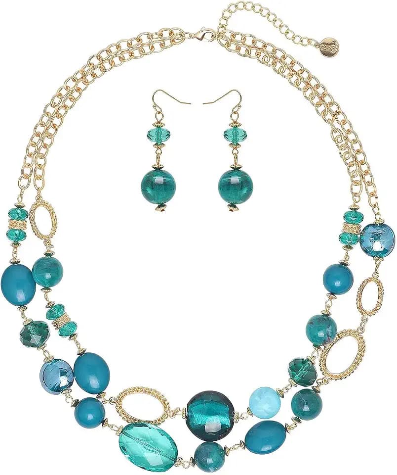 Coiris Women's Beaded 2 Layer Strand Statement Necklace with Earrings Collar Jewelry Set (N0003)