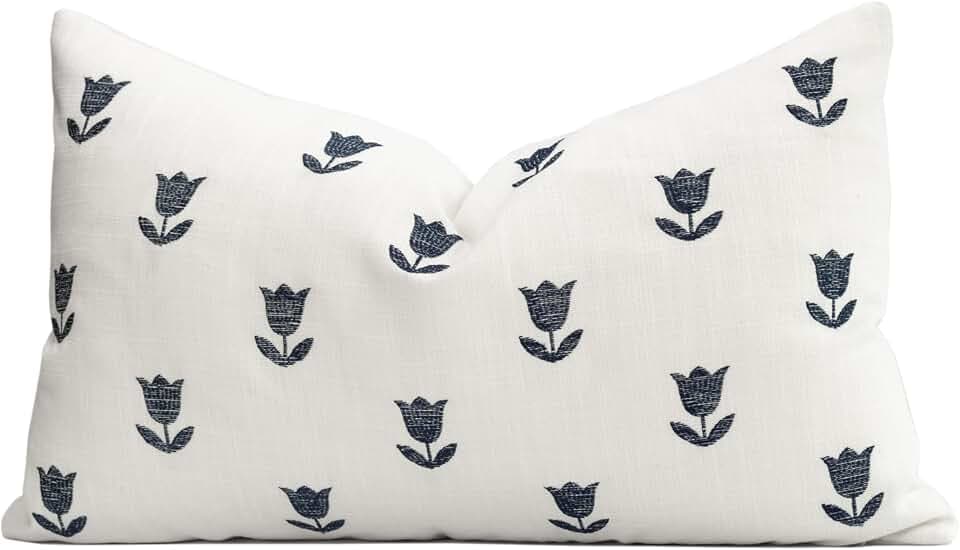Crumbs Home Coastal Linen Indoor Outdoor Lumbar Pillow Cover Only, 12"x20" Water Repellent for Patio, Backyard, Couch, Neutral Dark Navy Floral