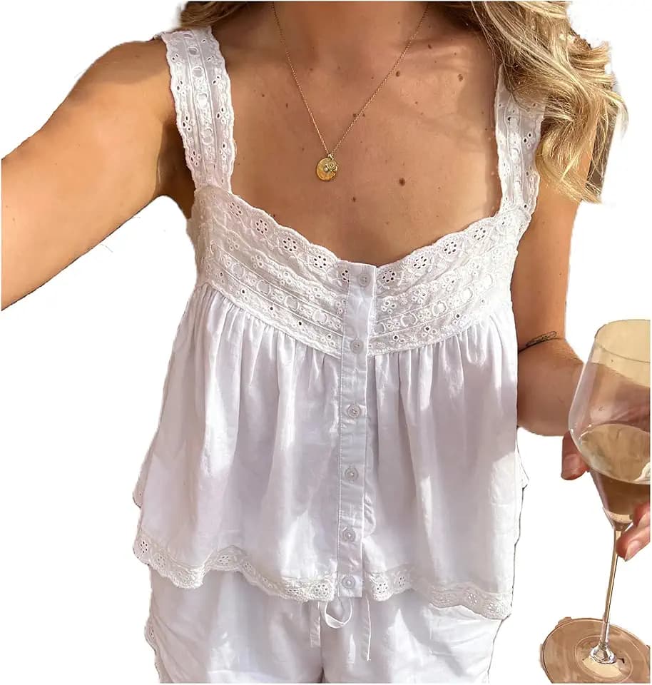 Women Y2K Lace Trim Tank Top Sleeveless Solid Color Tie Up Button Front Crop Top Summer Streetwear Going Out Shirt