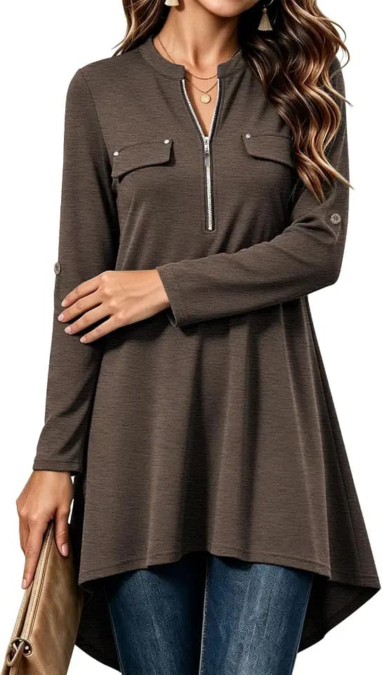 Naggoo Womens Long Tunic Tops Zipper V Neck Business Casual Blouses