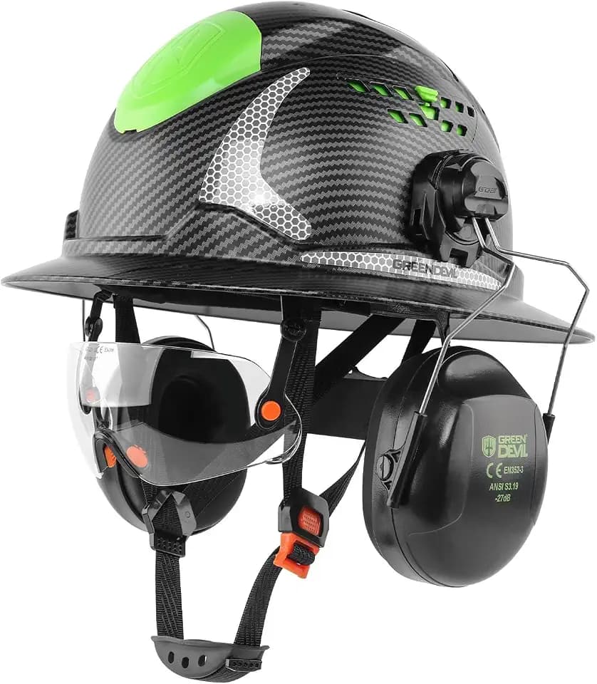 GREEN DEVIL Full Brim Hard Hat with Headlight,Ear Muffs,Visor 4 in 1 Helmet