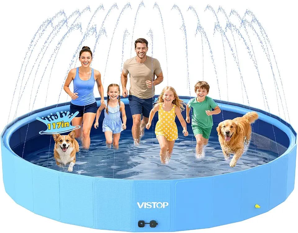 VISTOP 117" Extra Large Dog Pool with Sprinkler, Heavy Duty Foldable Hard Plastic Kiddie Pool, Non-Slip Collapsible Swimming Pool for Dogs, Kids & Pets, Portable Outdoor Backyard Water Play Tub