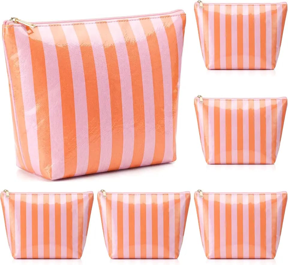 Abbylike 6 Pcs Pink Orange Striped Makeup Bag for Women Summer Party Favors
