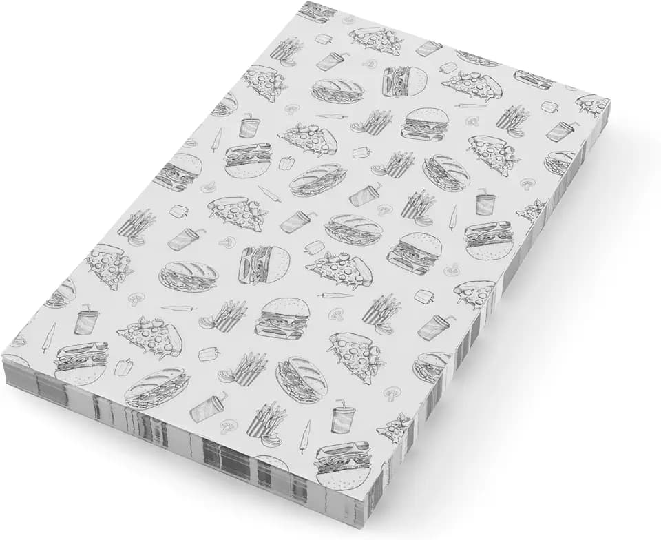 HENDI Deli Papier, 500 Blätter, für Lebensmittel, fettdicht, ölbeständig, Einschlagpapier, Brotpapier, Hamburgerpapier, Sandwich Papier, Fettdichtes Papier, 250x350mm, Fastfood-Illustrations Druck