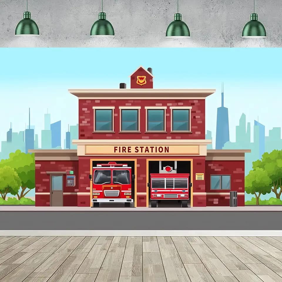 Cartoon Fire Station Photography Banner Backdrop, Firefighter Firetruck City Theme Kids Fireman Party Decorations Banner Children Birthday Party Background Decoration Photo Props 7x5FT