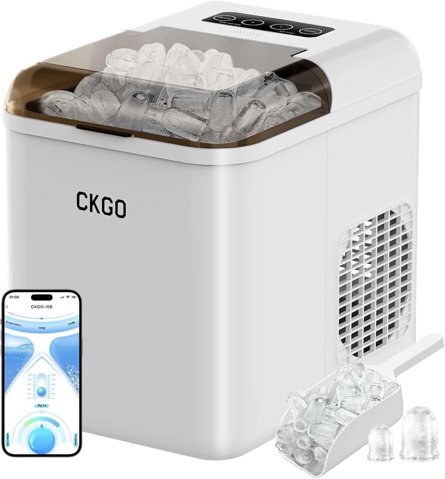 Intelligente Eiswürfelmaschine, WLAN-Steuerung Eiswürfelbereiter Kleine 15 KG in 24 Stunden 9 Würfel in 6 Minuten fertig Selbstreinigende, 2 Eiswürfel Größen für Küche Büro Bar Party Wohnmobil