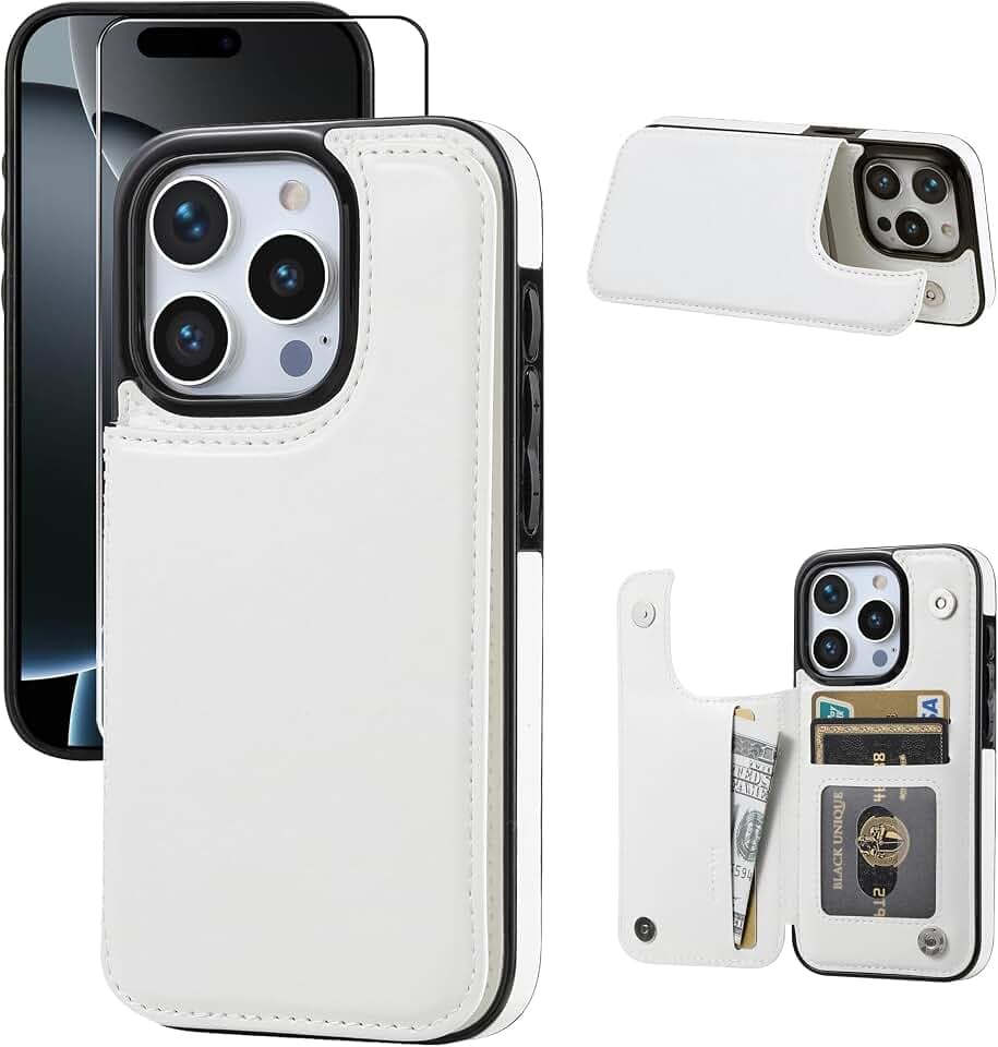 Wallet Case Compatible with iPhone 16 pro, Slim Protective case with Card Holder,Premium PU Leather Kickstand Card Slots Case with Double Magnetic Clasp for iPhone 16 pro 6.3“-White
