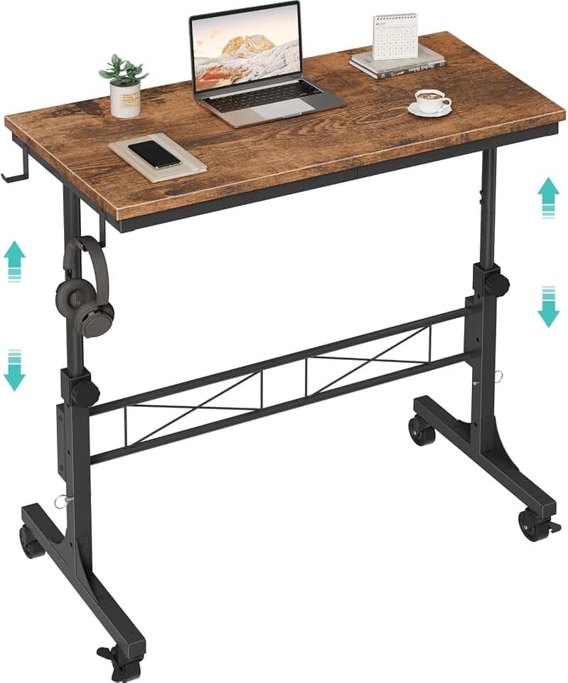 Small Portable Rolling Standing Desk - 32 Inch Adjustable Height Mobile Stand Up Desks with Wheels for Treadmill Walking Pad, Teacher Podium for Classroom, Couch Sofa Side Laptop Table, Rustic Brown