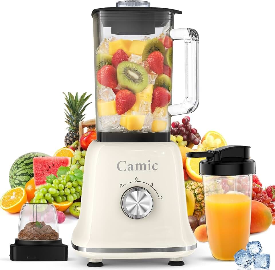 Camic Standmixer 1200W Hochleistungsmixer 3-in-1 mit 1,6L Glasbehälter Mixer & 400ml Reisebecher & 200ml Mahlbecher, Abnehmbare Klinge, Impuls/2 Geschwindigkeiten Blender für Smoothies Shakes Getränke
