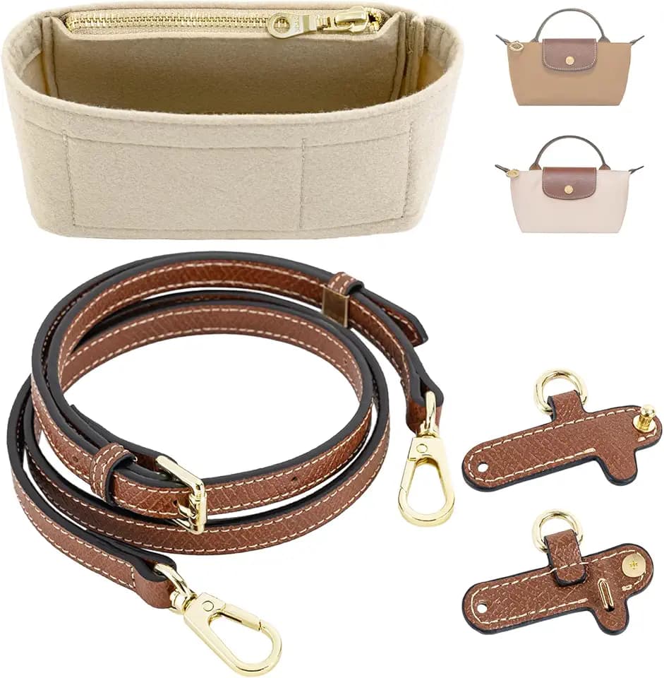 Purse Organizer Insert & Leather Strap Conversion Kit Set, Compatible with Longchamp Le Pliage Mini Bag – Felt Inner Liner & Adjustable Shoulder Strap, Beige