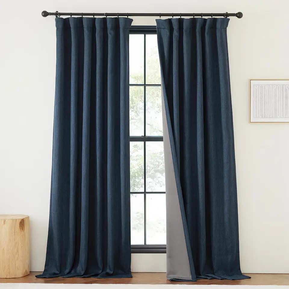 NICETOWN 100% Blackout Bedroom Curtains 96 inches Long, Pinch Pleated Thermal Curtains Faux Linen Blend Light Blocking Noise Canceling Window Drapes for Bedroom, Navy Blue, W50 x L96, 1 Panel