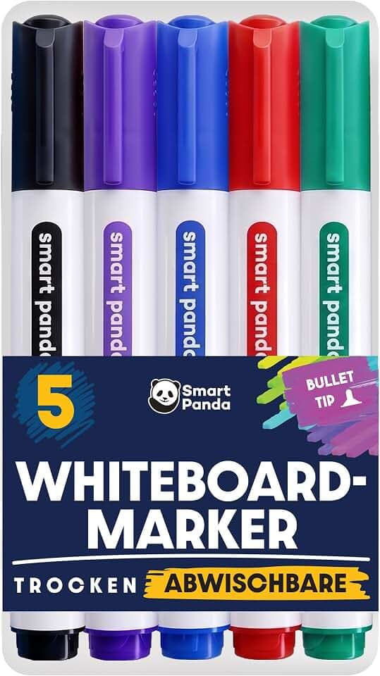 5 Whiteboard-Stifte mit Rundspitze – Trocken abwischbare Marker für Whiteboards – Für Zuhause, Schule und Büro – 5er-Set mit verschiedenen Farben
