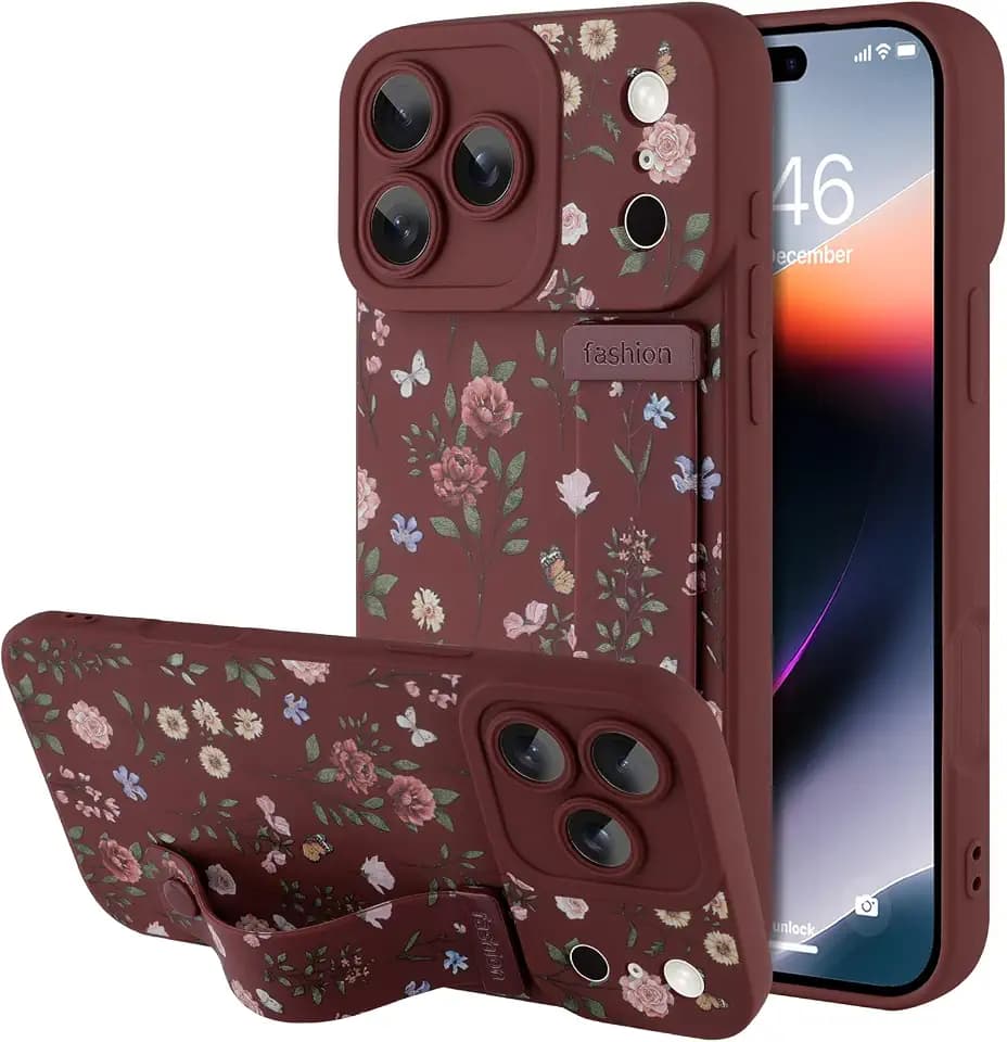 for iPhone 17 Pro Max Case with Wrist Strap, Burgundy Flower