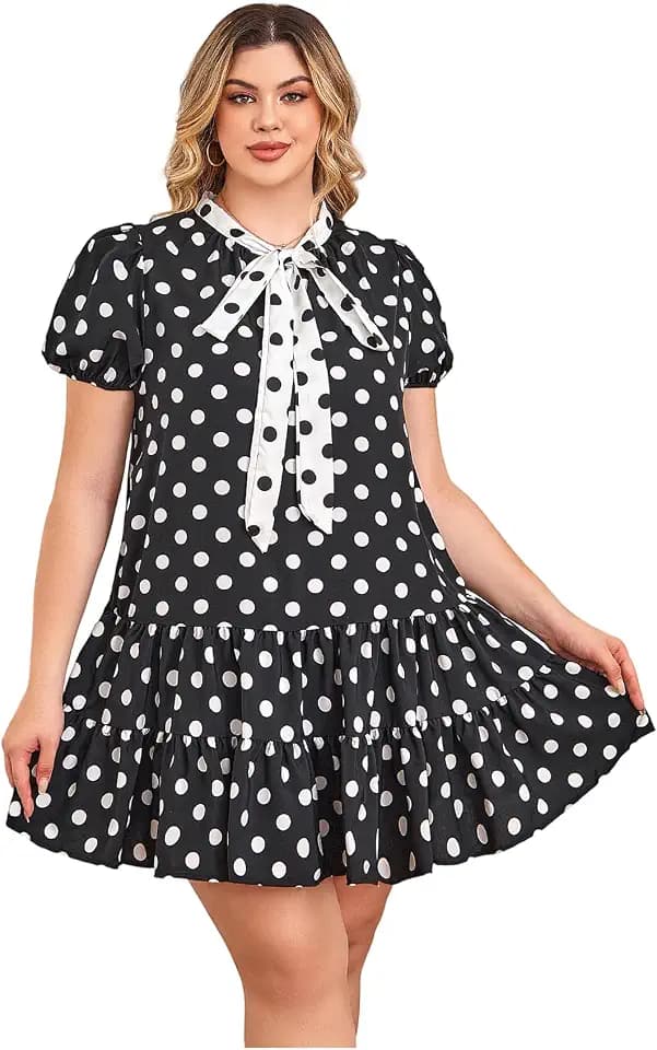 WDIRARA Women's Plus Size Polka Dots Bow Tie Babydoll Dress