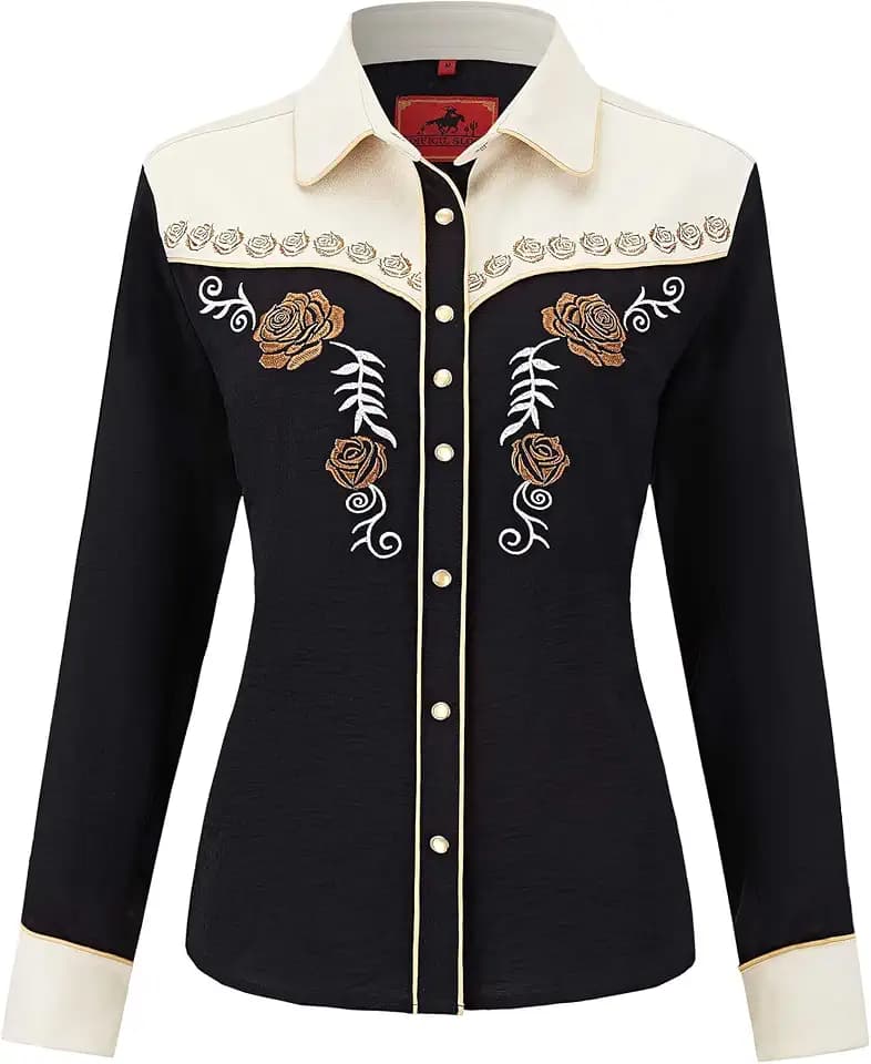 Women's Embroidered Western Cowgirl Snap Button Down Shirt with Stretch Long Sleeve Loose Blouse