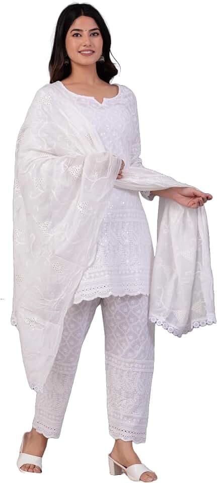 JG JAI GOVINDAM Indian Kurtis for Women Salwar Kameez Suit Set Indian Dresses Chikankari White Kurti Pant & Dupatta Set