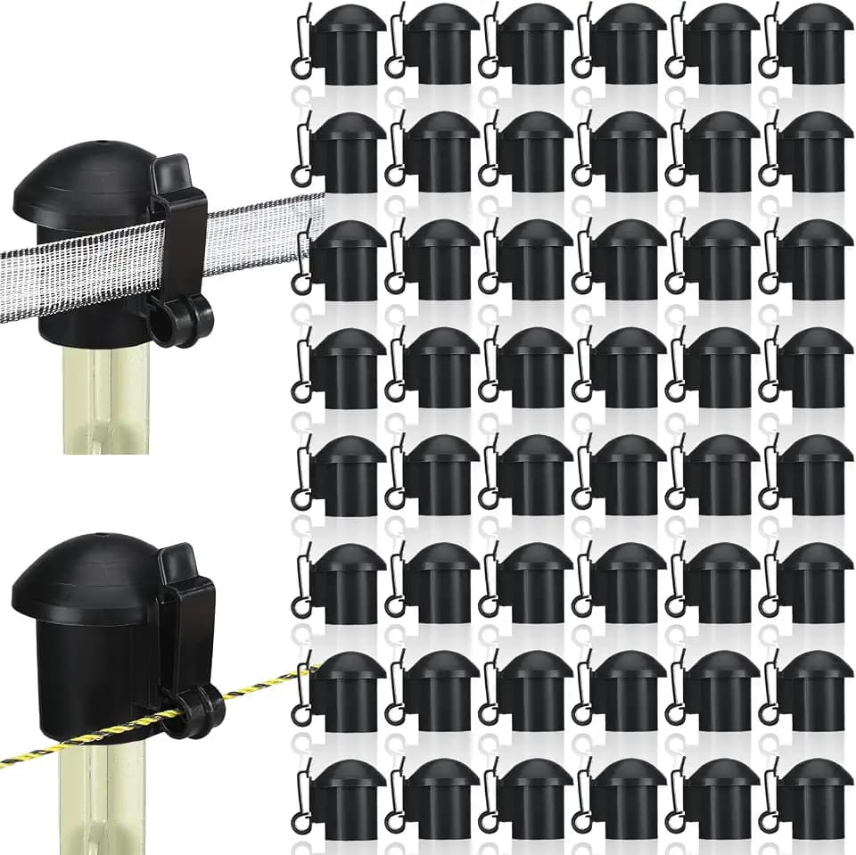 DoubleFill 48 Pcs Electric Fence Insulators and T Post Safety Cap, Black