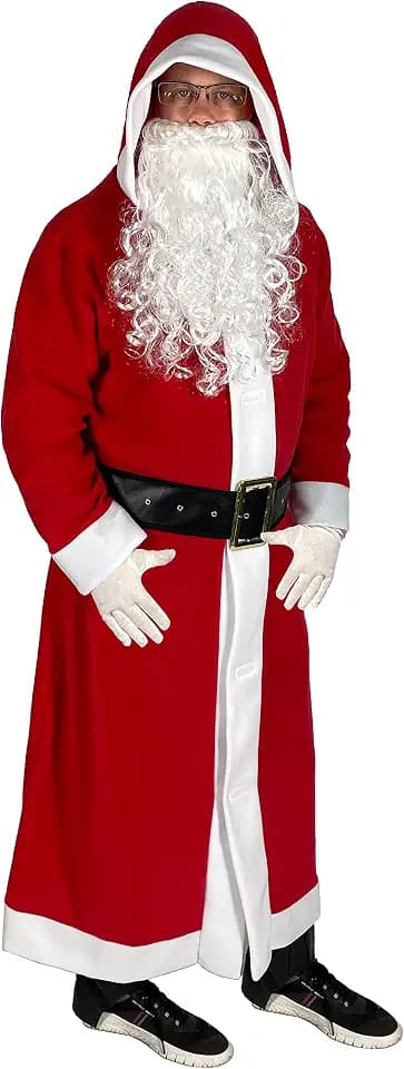 Foxxeo Weihnachtsmann Mantel - Größe M bis XXXXL - mit Kapuze 5 Teile Kostüm mit Gürtel, Bart, Handschuhen und Stiefelhutzen