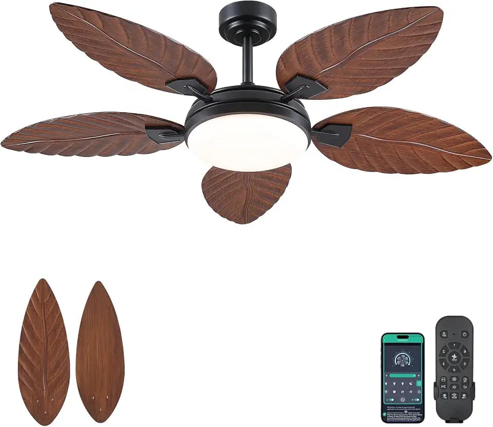 52"Brown Tropical Outdoor Palm Leaf Ceiling Fans with Lights and Remote