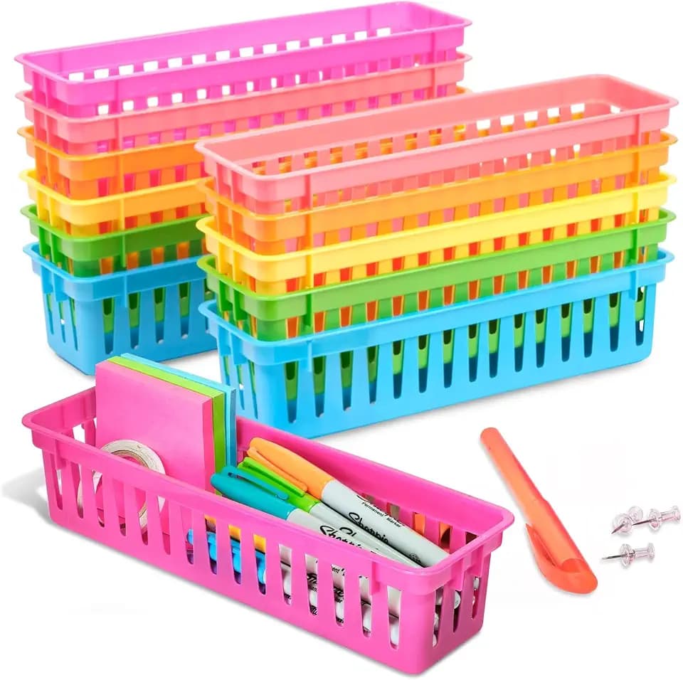 Juvale 12-Pack Classroom Pen and Pencil Basket Trays, Assorted Colors, 10 x 3 x 2.5 Inches