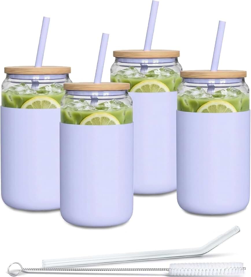 Aquafloow Trinkglas mit Strohhalm und Deckel 500ml | Gläser mit Silikonhülle | Trinkgläser set inclus 2x Strohhalme und 1x Reinigungsstab | für Tee, Smoothie Kaffee-4 Stück- Violett