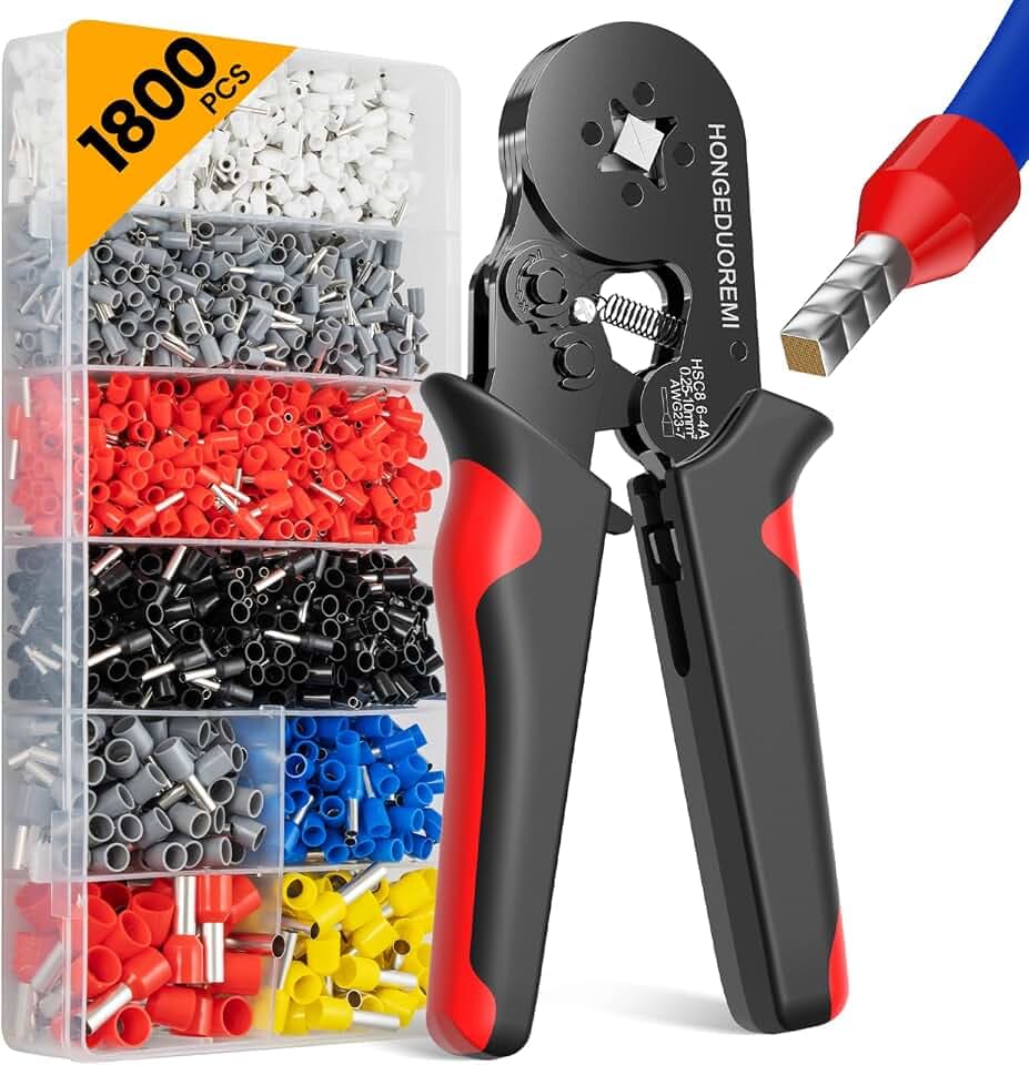 Ferrule Crimping Tool Kit,Wire Ferrule Kit Crimper Connectors,4 corners Self-adjustable AWG23-7 gauge 1800PCS Ferrules Electrical Terminal,Crimpers Tools Pin Terminals Ratchet Pliers for Audio,Car,DIY