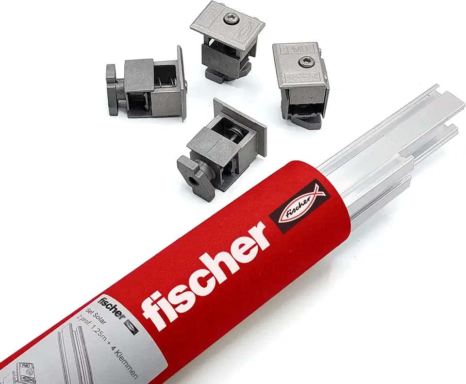 fischer Solar Kit für ein PV-Modul, SolarFish H33 AL Montageschiene 33 mm, Aluminium AW 6063 T6, PV-Unterkonstruktion für Schrägdächer, inkl. Universalklemmen, kompatibel mit fischer Dachhaken