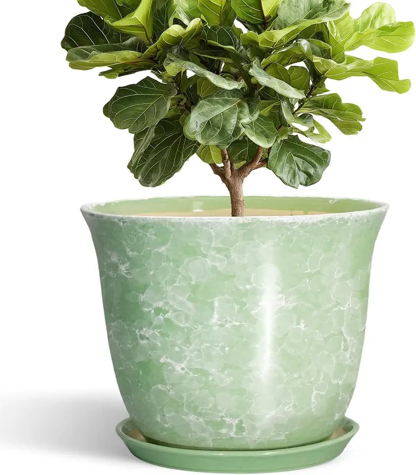 12 Inch Pots for Plants, Ceramic Plant Pots with Drainage, Green