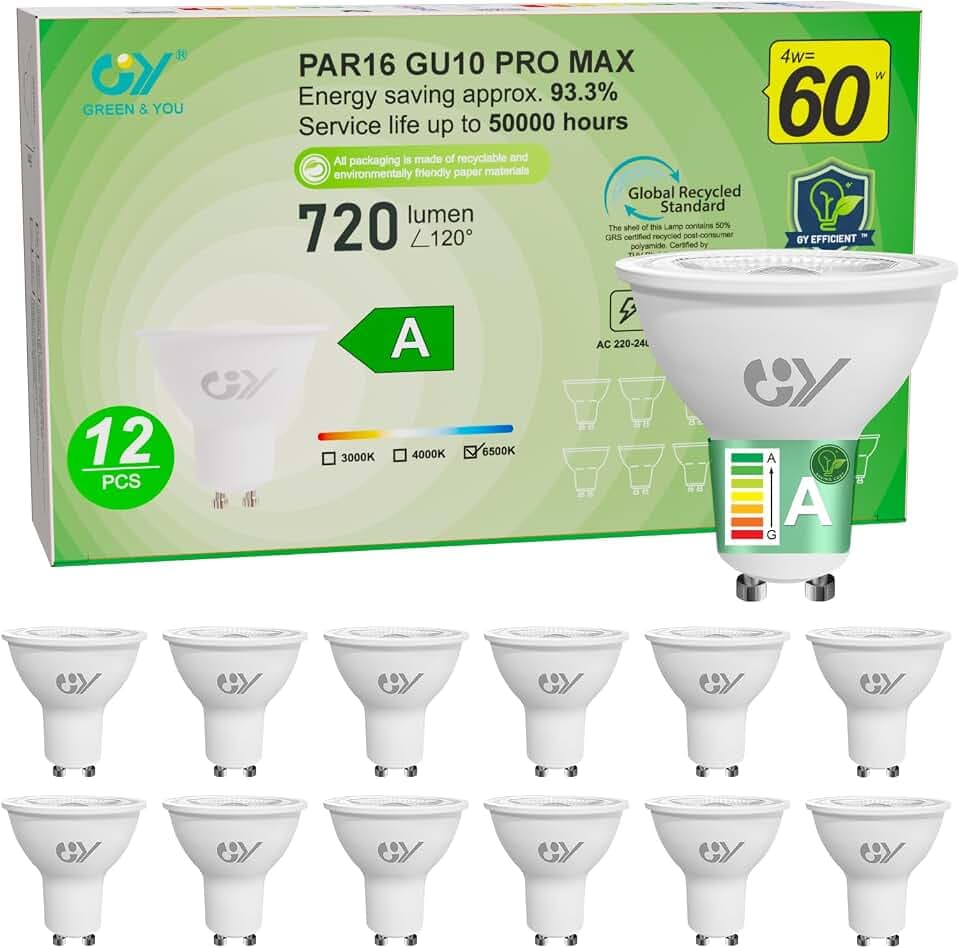 GY GU10 LED Kaltweiss Lampe 4W 720 Lumen 6500K Kaltweiß Glühbirnen, 60W lampe ersetzt, Abstrahlwinkel 110° Leuchtmittel, Nicht Dimmbar Energiesparlampe, 12er-Pack