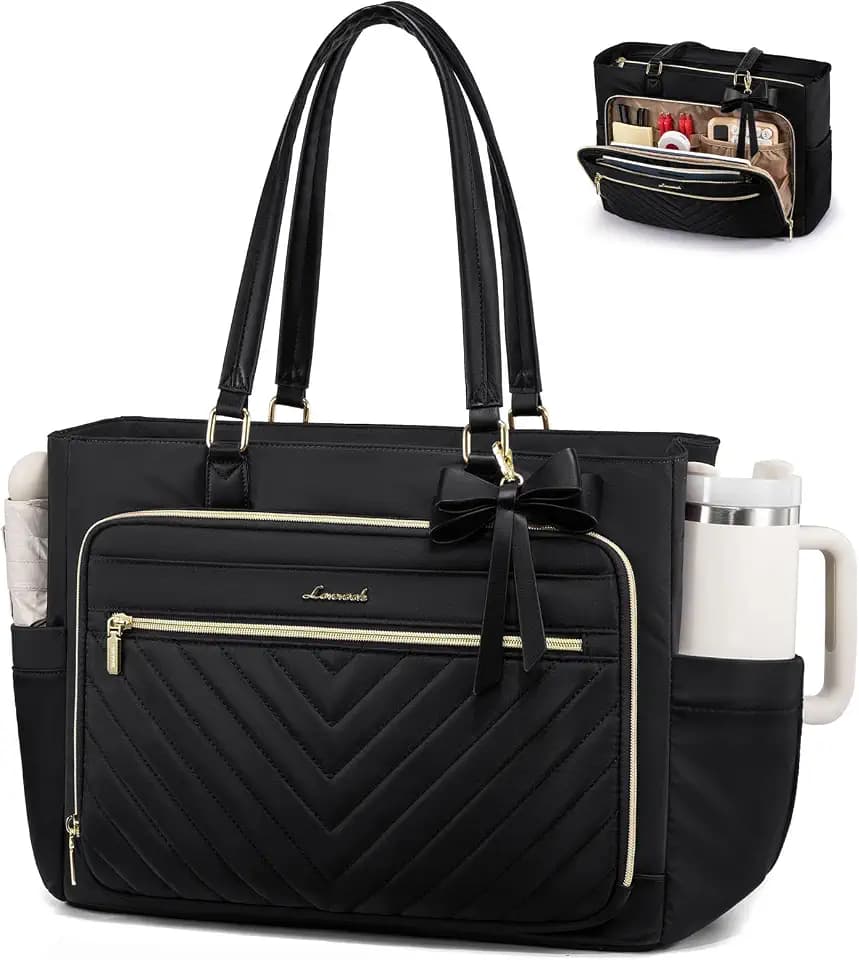 LOVEVOOK Laptop Tote Bag for Women, Work Bag Teacher Tote with Large Cup Holder, Quilted Nurse Diaper Bag for Travel, Computer Women's handbags for Teacher gift, Black, 15.6 Inch
