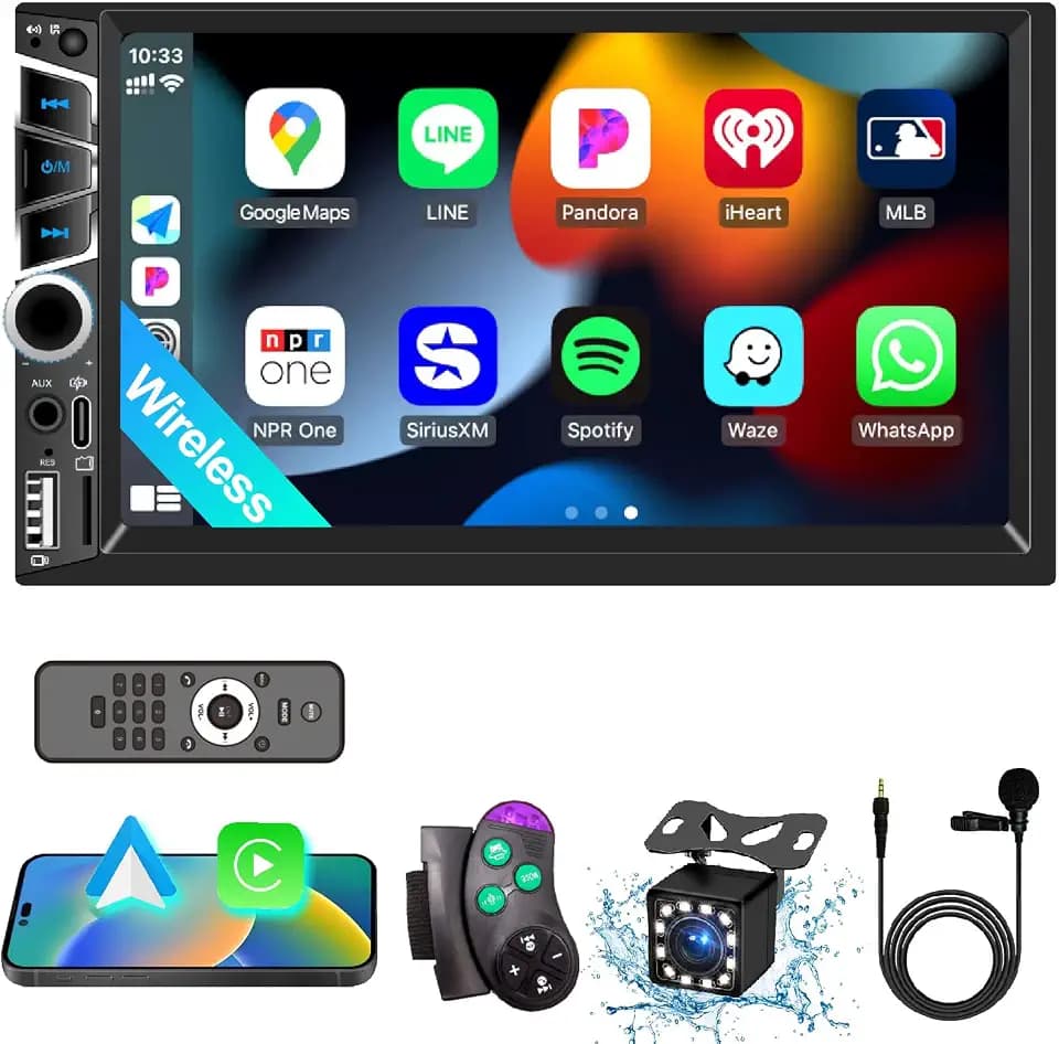 7" Double Din Car Stereo with Wireless Apple CarPlay,Car Radio Build-in Bluetooth 5.2,IPS Touchscreen 1024x600,FM Radio,Backup Camera,Dual USB,Type-C Fast Charging,GPS Navigation,Subwoofer,Car Play