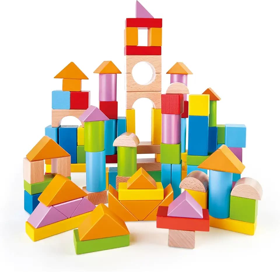 Hape Wunderbare Holzbausteine - 101-teiliges Set mit bunten Klötzen, Motorik- und Konstruktionsspielzeug, zur Förderung der Feinmotorik, für Kinder ab 12 Monaten