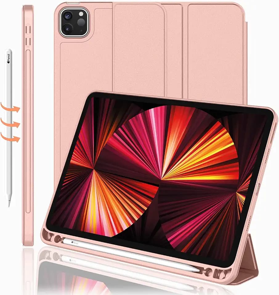 iMieet New iPad Pro 11 Inch Case 2022(4th Gen)/ 2021(3rd Gen) with Pencil Holder [Support iPad 2nd Pencil Charging/Pair],Trifold Stand Smart Case with Soft TPU Back,Auto Wake/Sleep(Rose Gold)