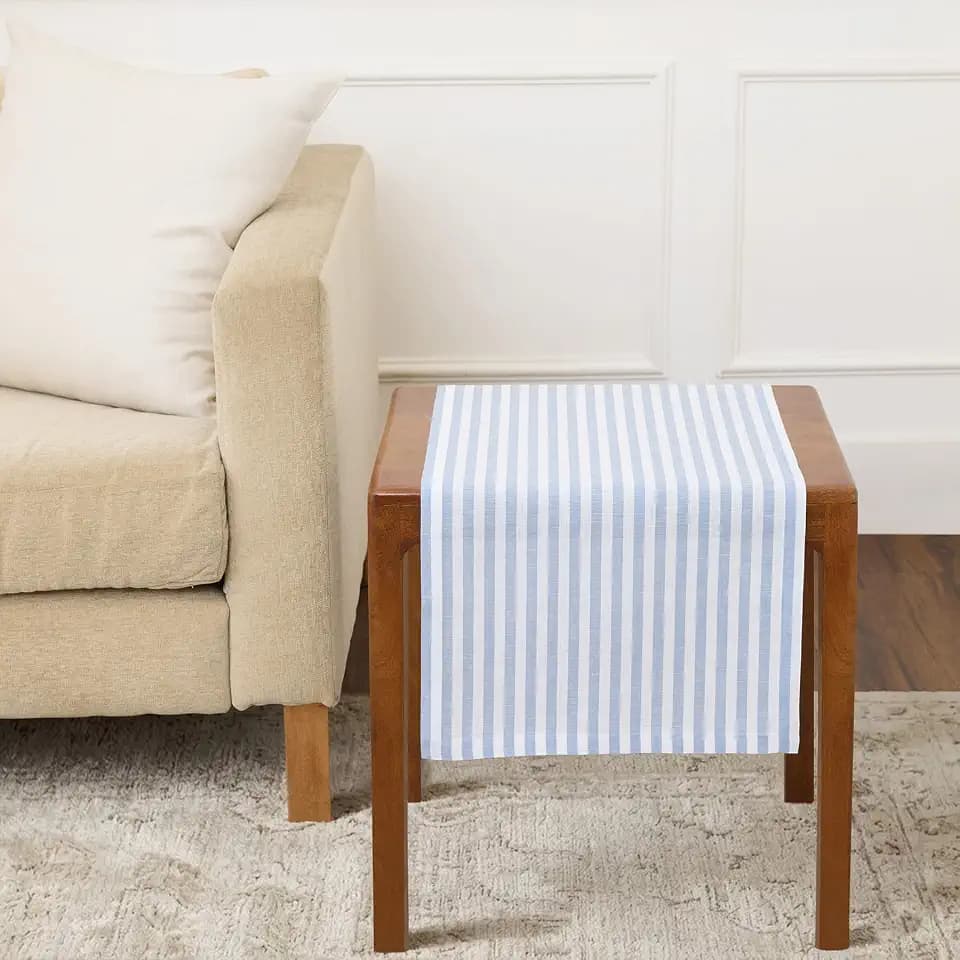 Solino Home 100% Linen Table Runner, 14 x 36 in, Sky Blue and White Striped