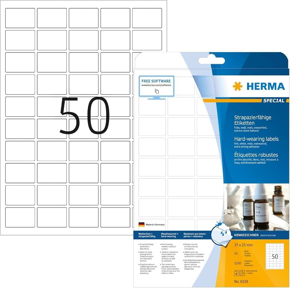 HERMA 8338 Wetterfeste Folienetiketten, 25 Blatt, 37 x 25 mm, 50 pro A4 Bogen, 1250 Stück, selbstklebend, bedruckbar, matt, blanko Klebeetiketten Aufkleber aus Folie, weiß
