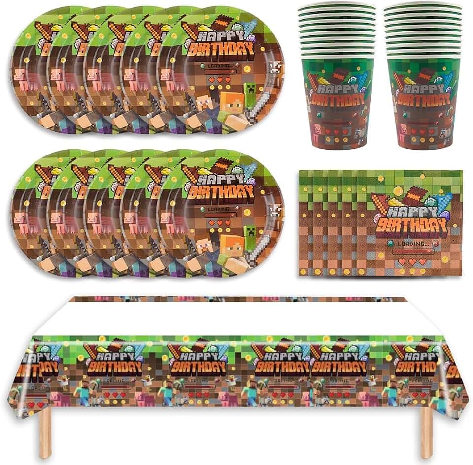 Spiel Partygeschirr Set, 41Pcs Braun Spiel Party Geschirr Geburtstagsdeko, Videospiele Besteck Kindergeburtstag, Pappteller Serviette Becher Teller Tischdecke für Kindergeburtstag Party Supplies
