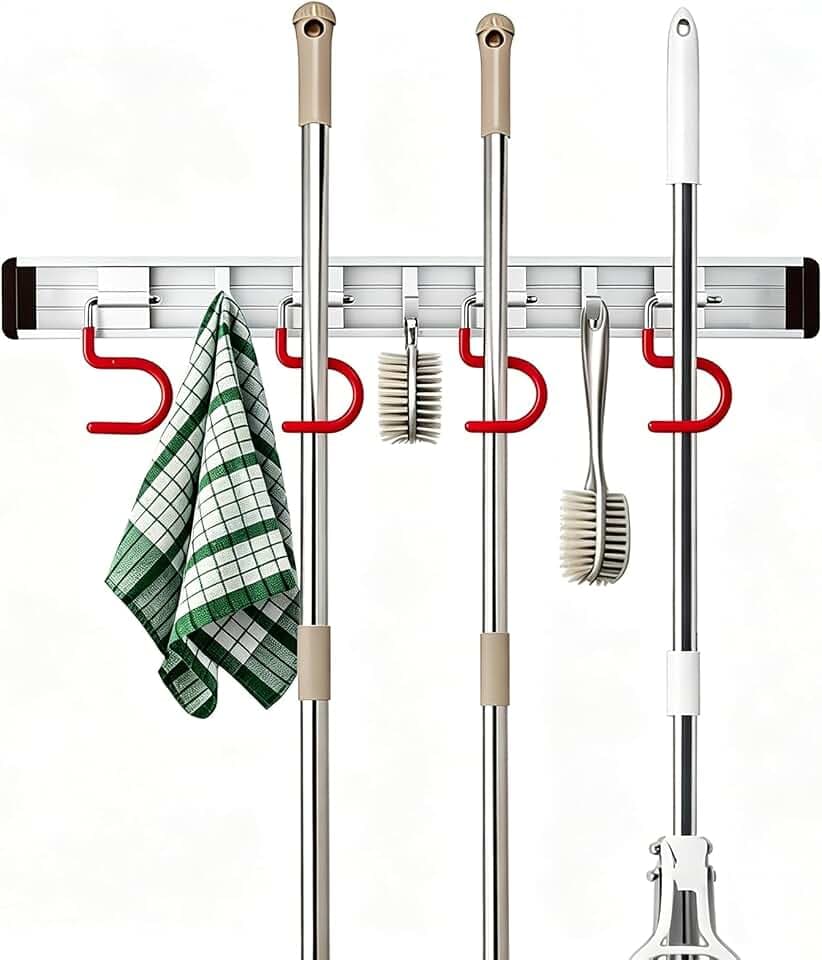 Wall Mounted Mop and Broom Holder Stainless Steel S Type Broom Rack Anti-Slip Mop Organizer (17 Inches,4 Positions 3 Hooks, Red White)