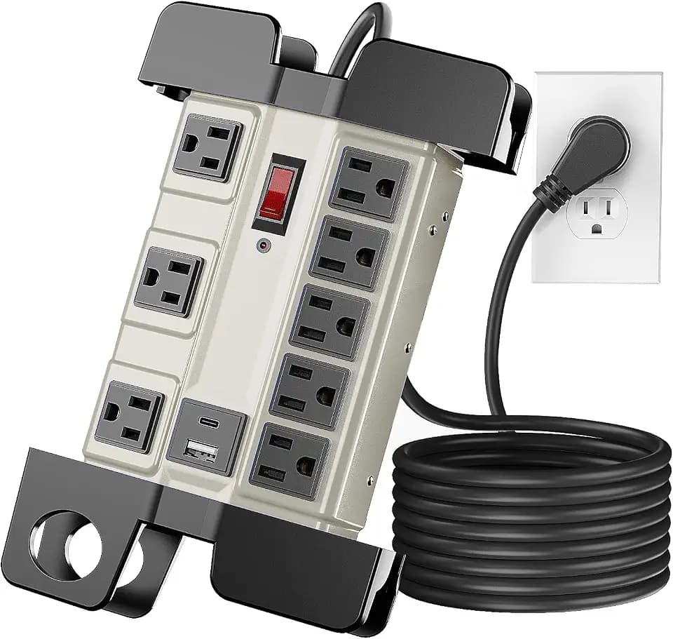 8-Outlet Metal Heavy Duty Power Strip with USB-C, Wide-Spaced, Grey, 15ft