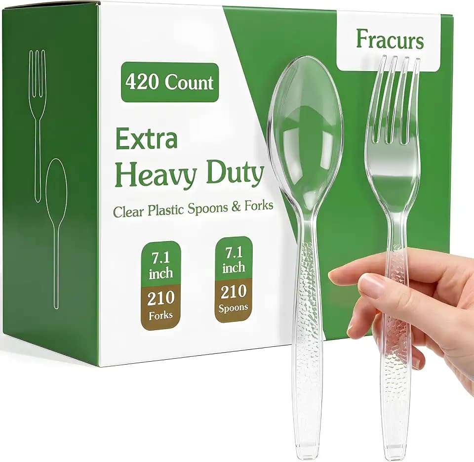 420 Count Extra Heavy Duty Plastic Forks and Spoons, 210 Clear Spoons & 210 Clear Forks, BPA-Free & Heat Resistant, Premium Disposable Plastic Silverware for Parties, Events and Everyday Use