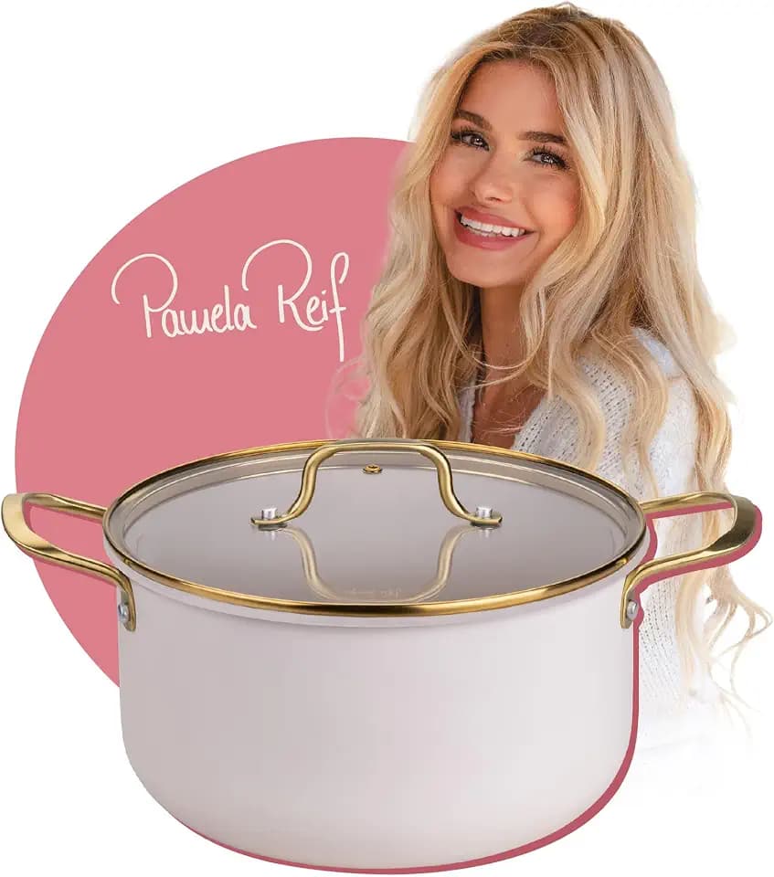 Fackelmann x Pamela Reif Kochtopf mit Deckel Ø 24 cm – aus recyceltem Aluminium, pastell-beige, 5510 ml, PFAS_freie keramische Beschichtung, für alle Herdarten geeignet