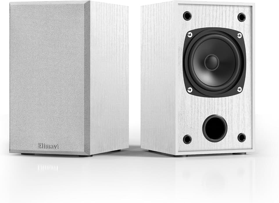 Elimavi Passive Bookshelf Speakers for Home Theater Surround Sound, Satellite Stereo Speakers with Classic Wood Grain for Record Player/Computer/TV, Wall Mountable, Cable Included, White