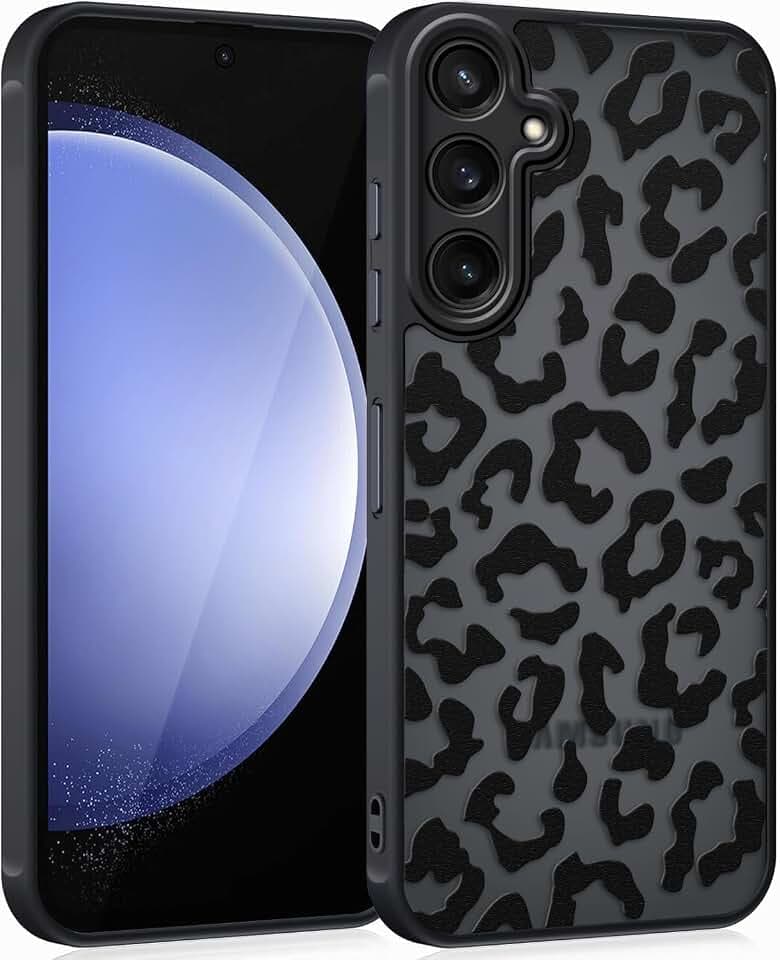Coqinen Handyhülle für Samsung Galaxy S23 FE Hülle, Matt Transluzente Case mit Stilvolle Leopard Muster, Silikon Aesthetic Schutzhülle mit Kratzfeste PC Rückseite + Stoßfest TPU Bumper - Schwarz