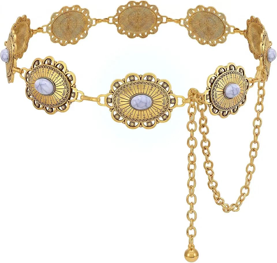 XZQTIVE Women Boho Chain Belts For Dresses Jeans Western Cowgirl Waist Links Belt Adjustable Metal Concho Belt