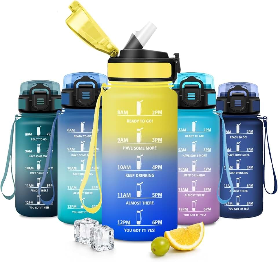 Trinkflasche 500ml, Wasserflasche mit Strohhalm, Kohlensäure Geeignet, Trinkflasche mit Zeitmarkierung, BPA-frei, Sportflasche für Schule, Outdoor, Camping
