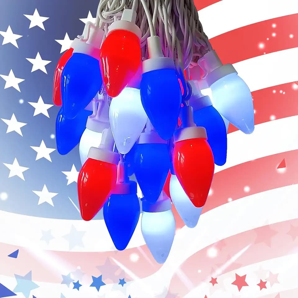 25Ft Red White and Blue Lights C7 4th of July Light Outdoor 25 LED Shatterproof Lights, Plug in Patriotic Decorations String Light for Independence Day Memorial Day Christmas Fourth of July Decor